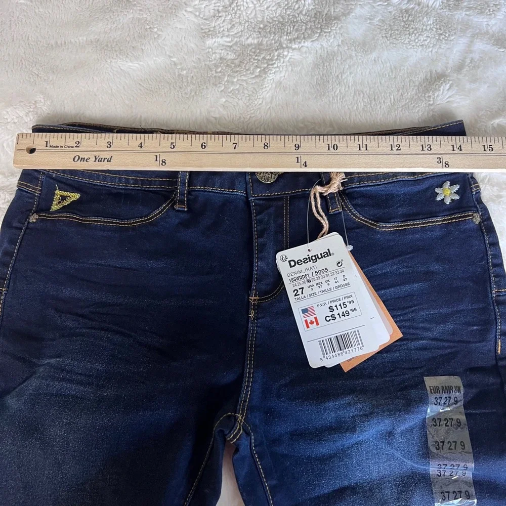 Desigual‎ Denim Irati Skinny Jeans Dark Wash Embroidered Indigo 18SWDD61 Size 3
